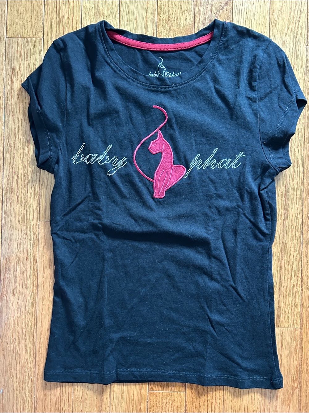 Baby Phat Black Tee with Pink Cat Logo and Rhinestone Script